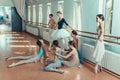 The seven ballerinas at ballet bar Royalty Free Stock Photo