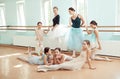 The seven ballerinas at ballet bar