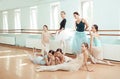 The seven ballerinas at ballet bar