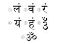 The seven bija mantras with chakras set Sanskrit black letterig isolated on the white background. Linear character illustration