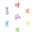 The seven bija mantras with chakras set Sanskrit colorful letterig isolated on white background. Linear character illustration
