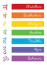 The seven bija mantras with chakras set Sanskrit colorful letterig isolated on white background. Vector colors of the chakras sign Royalty Free Stock Photo