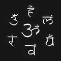 The seven bija mantras with chakras set style white on the black background. Illustration of Hinduism and Buddhism.