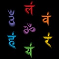 The seven bija mantras with 3D chakras set Sanskrit colorful letterig isolated on black background. Linear character illustration Royalty Free Stock Photo