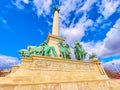 Seven equestrian sculptures of the Hungarian chieftains on the base of Millennium Monument on Heroes` Square, Budapest, Hungary