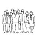 Seven businessmen and two businesswomen standing together vector illustration sketch doodle hand drawn with black lines isolated