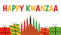 Seven candles in kinara and gift box. Happy Kwanzaa. Holiday african symbols with lettering on white background. Royalty Free Stock Photo