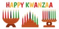 Seven candles in kinara. Vector illustration of Happy Kwanzaa. Holiday african symbols with lettering on white Royalty Free Stock Photo