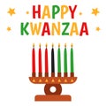 Seven candles in kinara. Vector illustration of Happy Kwanzaa. Holiday african symbols with lettering on white Royalty Free Stock Photo