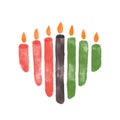 Seven candles for Kwanzaa festival celebration - Mishumaa. Artistic watercolor textured vector green, red, black burning