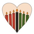 Seven candles for Kwanzaa festival celebration - Mishumaa in heart shape. Vector green, red, black burning candles