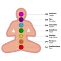 Seven chakras on meditating yogi silhouette. This is religion, philosophy, and spirituality symbols.