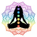 Seven chakras on meditating yogi woman silhouette, vector illustration