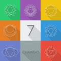 The seven chakras vector set style flat with shadows. Linear character illustration of Hinduism and Buddhism.