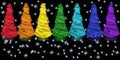 Seven Christmas trees drawn by scribbles and snowflakes on a black background
