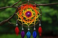 seven-color handmade chakra dreamcatcher hanging in the wind