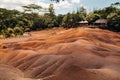 Seven colored earths in Mauritius, nature reserve, Chamarel. The green forest is behind us.Mauritius island