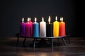 seven colorful candles in a black candle holder Royalty Free Stock Photo