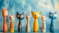 Seven colorful hand painted wooden cat figurines standing in a row