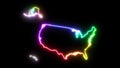 Seven-colors neon glowing USA United States of America map silhouette