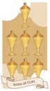 Seven of cups. Tarot cards. Seven cups with a lid, golden and shiny on a cloud background