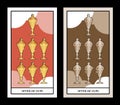 Seven of cups. Tarot cards. Seven cups with a lid, golden and shiny on a cloud background