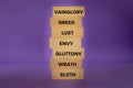 Seven Deadly Sins Listed on a Wooden Block, Violet Background, Concepts, Christian Faith