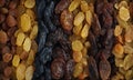 Seven different varieties of raisins are placed in rows.