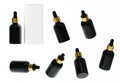 Seven different views of glossy black plastic serum bottle with gold cap 3D render, cosmetic product packaging isolated on