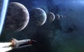 Seven exoplanets on same line. Space Shuttle, beautiful space landscape. Science fiction art Royalty Free Stock Photo