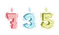 Seven, five, three birthday candles set. Anniversary party candle cartoon vector illustratio