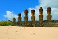 Seven Gigantic Moai Statues of Ahu Nau Nau Ceremonial Platform from the Back, Anakena Beach, Easter Island, Chile Royalty Free Stock Photo