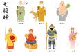 Seven gods of good fortune: Ebisu, Daikokuten, Bishamonten, Benzaiten, Fukurokuju, Jurojin, and Hotei