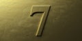 Seven, gold number 7. Shiny digit 7 on golden bright background. 3d illustration