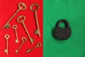 Seven golden keys in different direction on red felt and close p