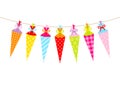 Seven Hanging Colorful School Cornets Pattern Bow