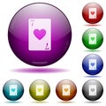 Seven of hearts card icon in glass sphere buttons Royalty Free Stock Photo