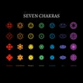 Seven human chakras set, flat colorful icons, muladhara, svadhishthana, manipura, anahata, vishuddha, ajna, sahasrara, vector Royalty Free Stock Photo