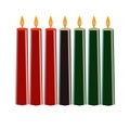 seven Kwanzaa candles. on an isolated white background, hand-drawn. red green black