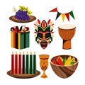seven Kwanzaa candles kinara harvest bowl gifts on an isolated white background, hand-drawn.