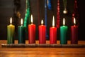 seven kwanzaa candles, unlit, arranged in a row on wooden surface