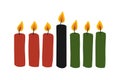 Seven Kwanzaa kinara candles in traditional African colors - red, black, green. Simple hand drawn vector illustration Royalty Free Stock Photo