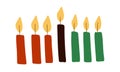 Seven Kwanzaa kinara candles in traditional African colors - red, black, green. Simple vector illustration, drawing candles clip Royalty Free Stock Photo