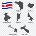 Seven Maps Provinces of Costa Rica - alphabetical order with name. Every single map of Province are listed and isolated with word