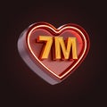 Seven million or 7m follower celebration love icon neon glow lighting 3d render