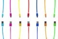 Seven multi-colored usb cables, with connectors under the micro, the different ends of the cable pointing towards each other, on a Royalty Free Stock Photo