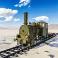 Seven o`clock train after rain on desert