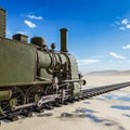 Seven o`clock train after rain on desert