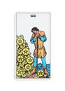 The Seven of Pentacles tarot card on white background, top view