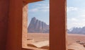 Seven Pillars of Wisdom seen from a window. Beautiful rock formation on entry in Wadi Rum